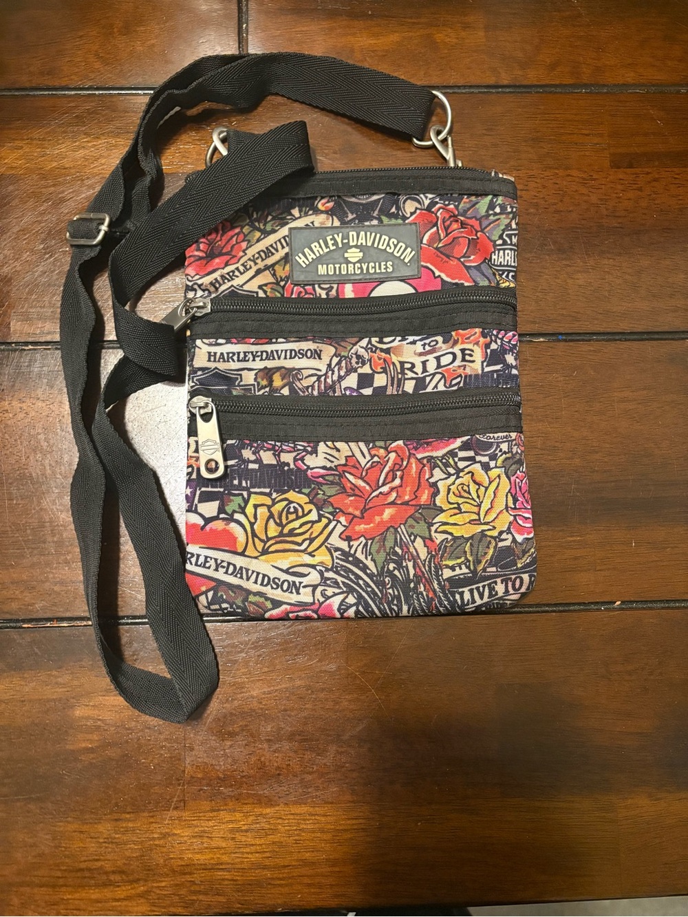Harley-Davidson Black Floral Crossbody Bag with Red and Yellow Roses